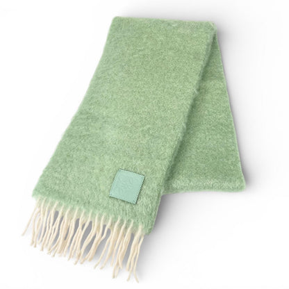 Loewe Mohair Wool Anagram Leather Patch Fringe Scarf Green