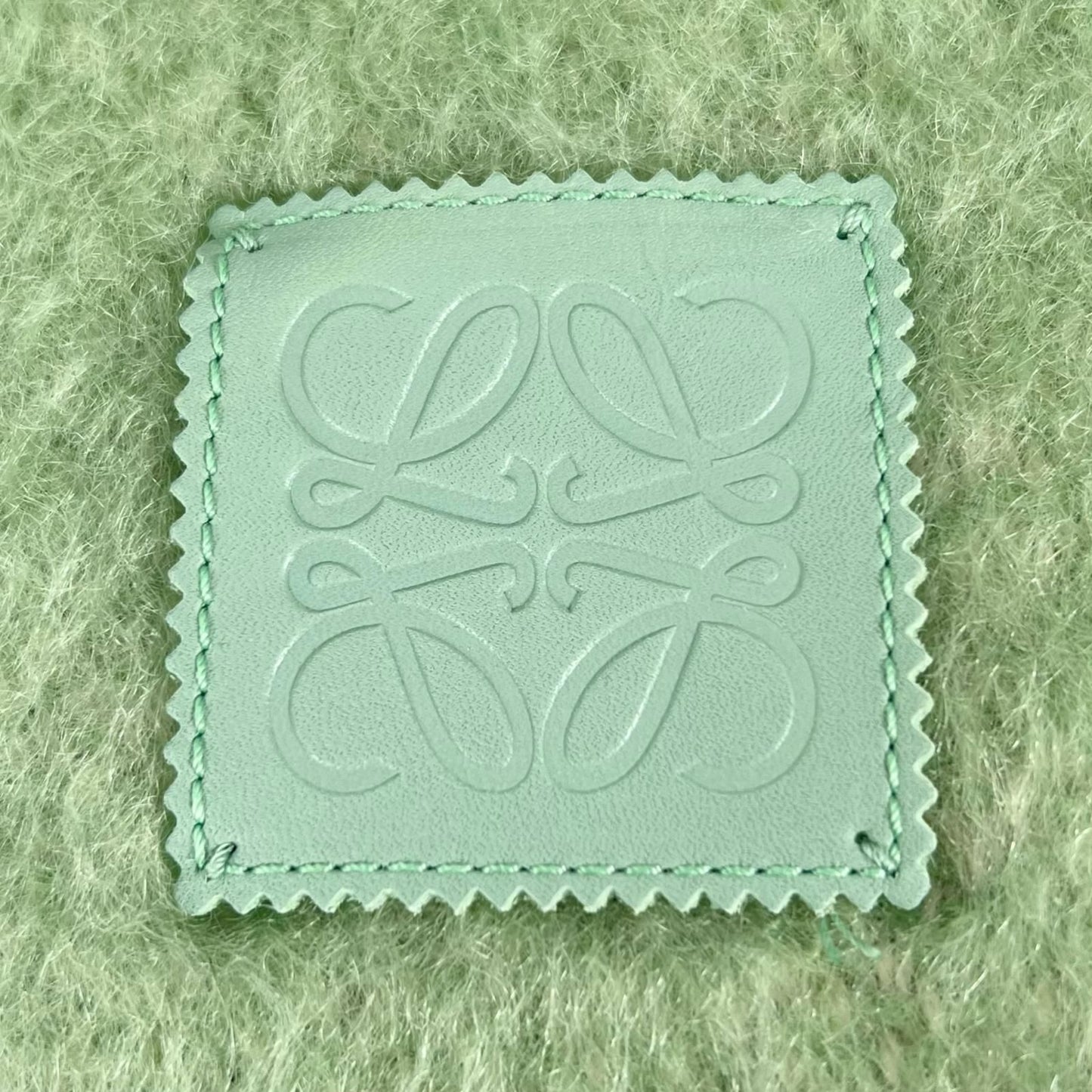 Loewe Mohair Wool Anagram Leather Patch Fringe Scarf Green — view 5