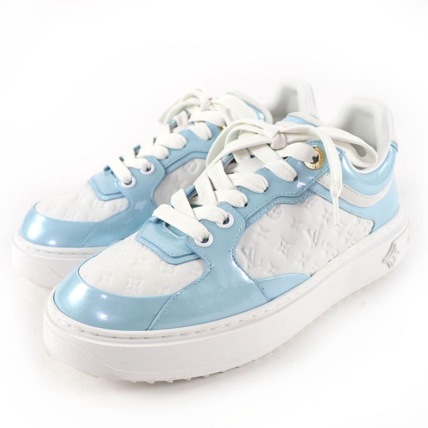 Louis Vuitton Time Out Line Leather Monogram Low Cut Sneakers Light Blue White