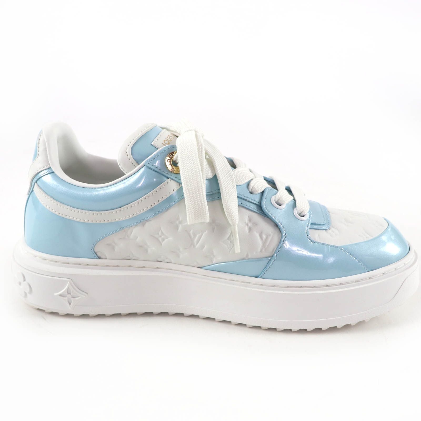Louis Vuitton Time Out Line Leather Monogram Low Cut Sneakers Light Blue White — view 5