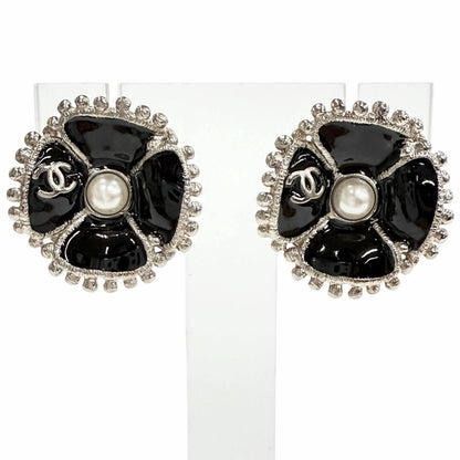 Chanel Camellia Pearl CC Logo Earrings Black Silver
