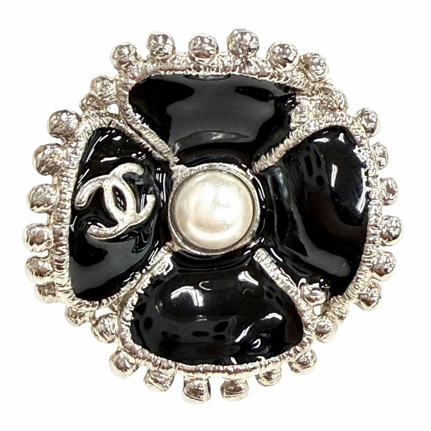Chanel Camellia Pearl CC Logo Earrings Black Silver — view 5