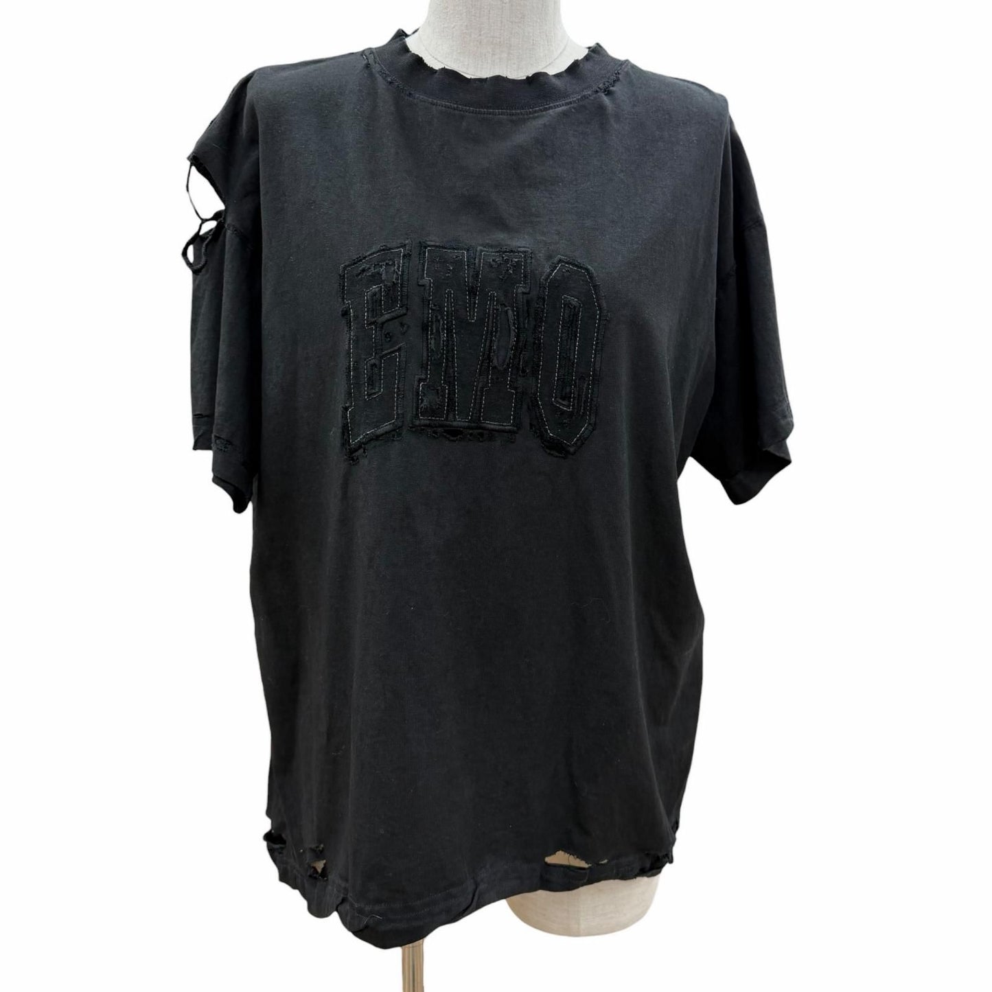 Balenciaga Cotton 100% Emo Team Logo Boxy Destroyed Short Sleeve T-Shirt Black