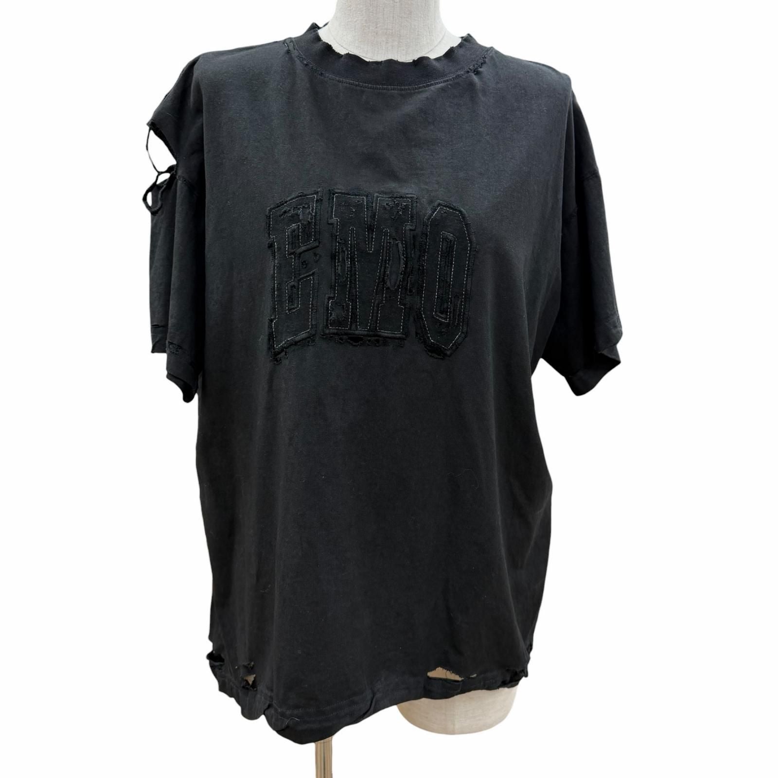 Balenciaga Cotton 100% Emo Team Logo Boxy Destroyed Short Sleeve T-Shirt Black