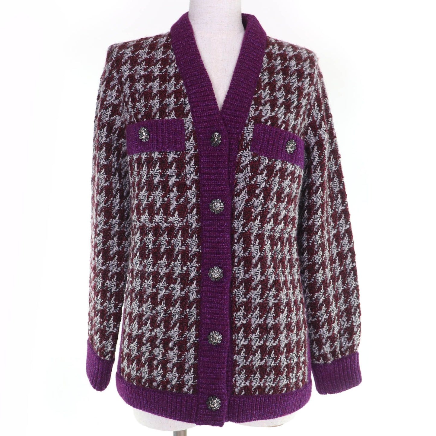 Chanel Cashmere Wool Coco Button Houndstooth Long Sleeve Knit Cardigan Purple 34