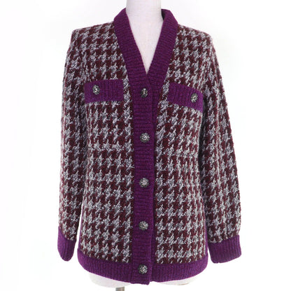 Chanel Cashmere Wool Coco Button Houndstooth Long Sleeve Knit Cardigan Purple 34