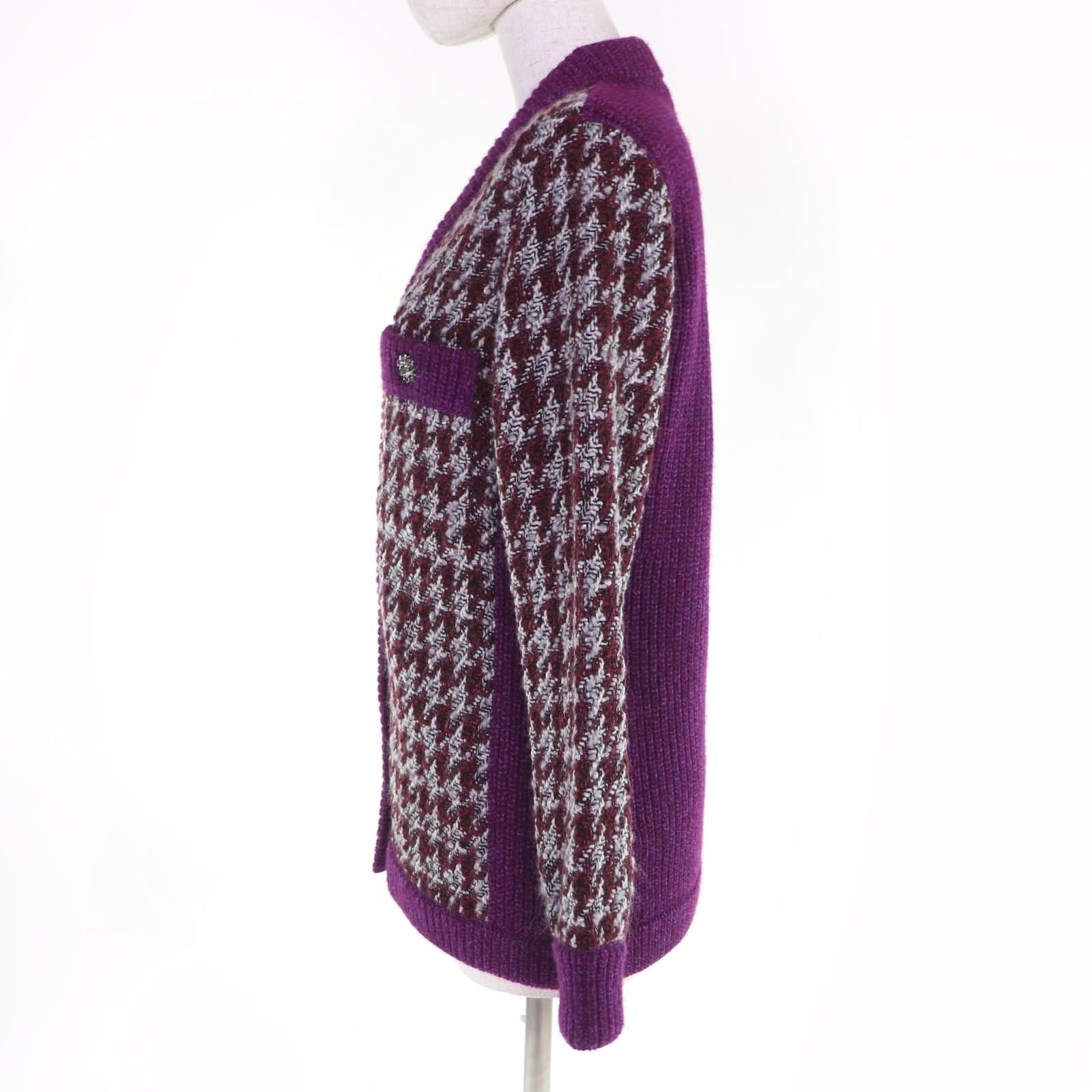 Chanel Cashmere Wool Coco Button Houndstooth Long Sleeve Knit Cardigan Purple 34 — view 2