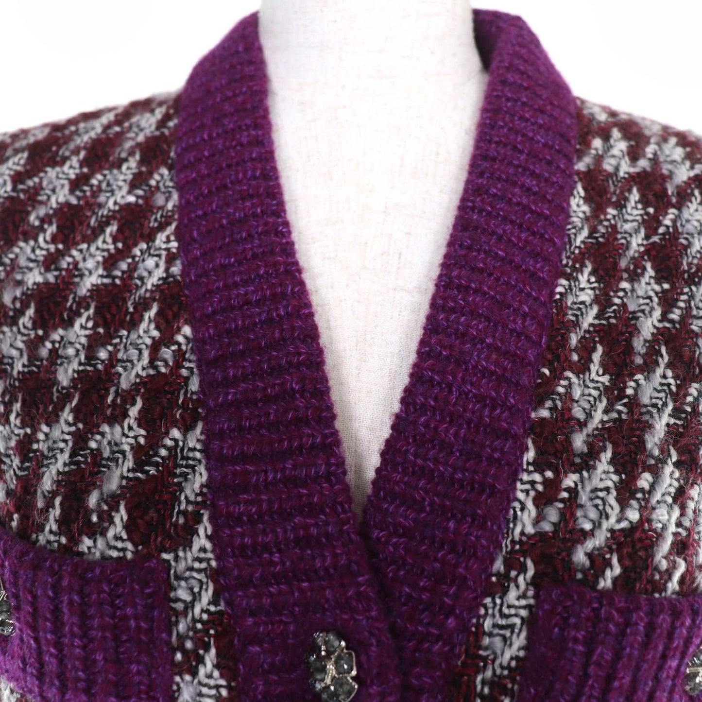 Chanel Cashmere Wool Coco Button Houndstooth Long Sleeve Knit Cardigan Purple 34 — view 4