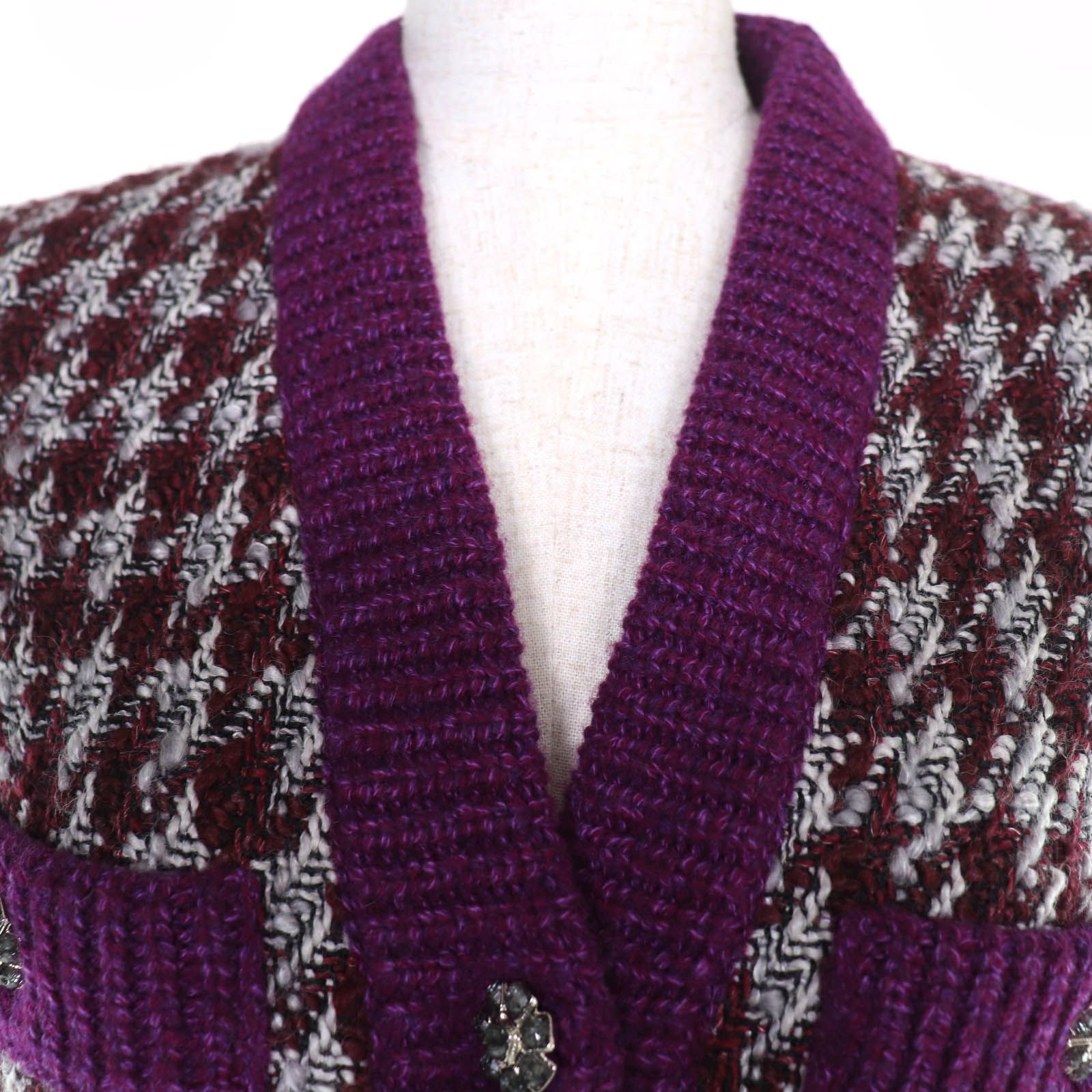 Chanel Cashmere Wool Coco Button Houndstooth Long Sleeve Knit Cardigan Purple 34 — view 4