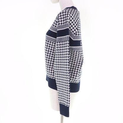Dior Cashmere Logo Houndstooth Long Sleeve Knit Navy White 38 Sweater — view 2