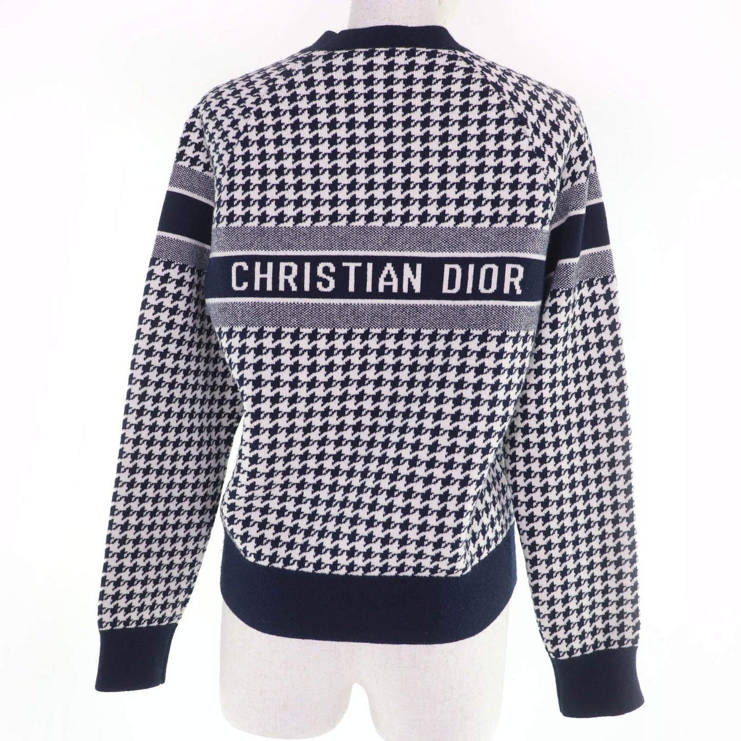 Dior Cashmere Logo Houndstooth Long Sleeve Knit Navy White 38 Sweater — view 3