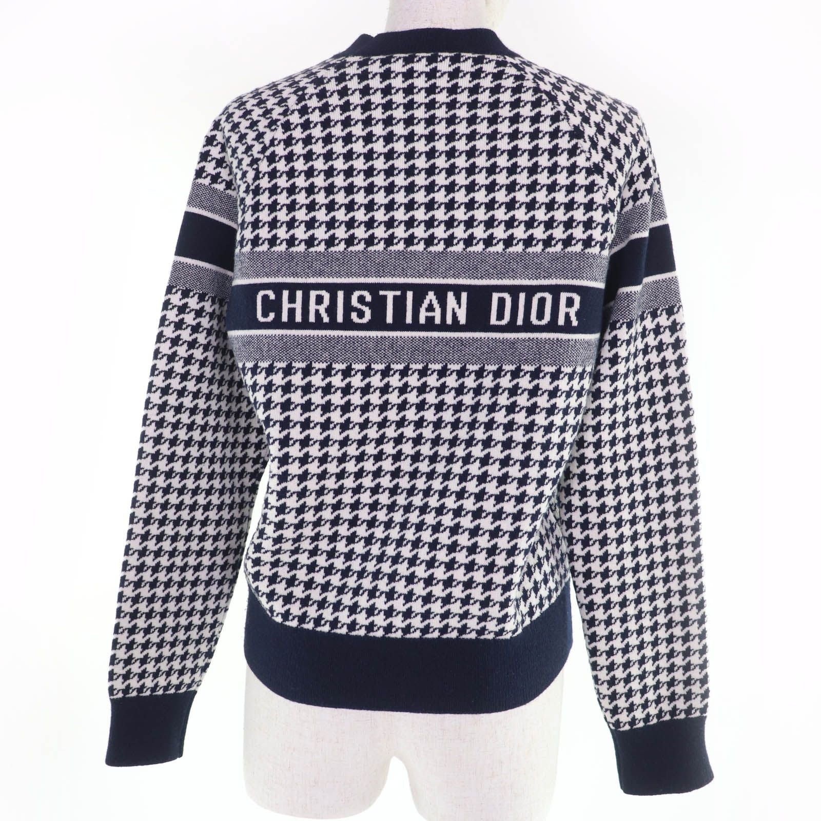 Dior Cashmere Logo Houndstooth Long Sleeve Knit Navy White 38 Sweater — view 3