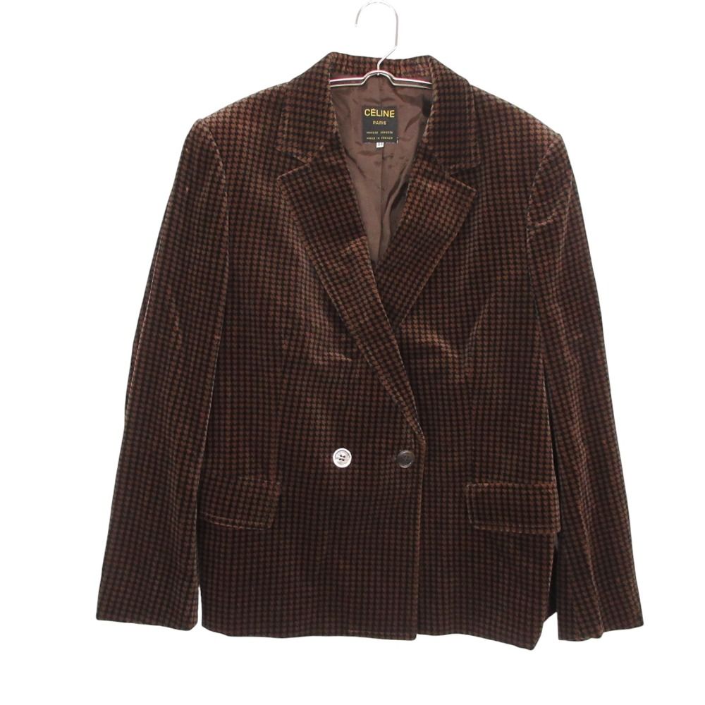 Celine Tailored Jacket Velour Houndstooth Double Breasted Blazer Brown