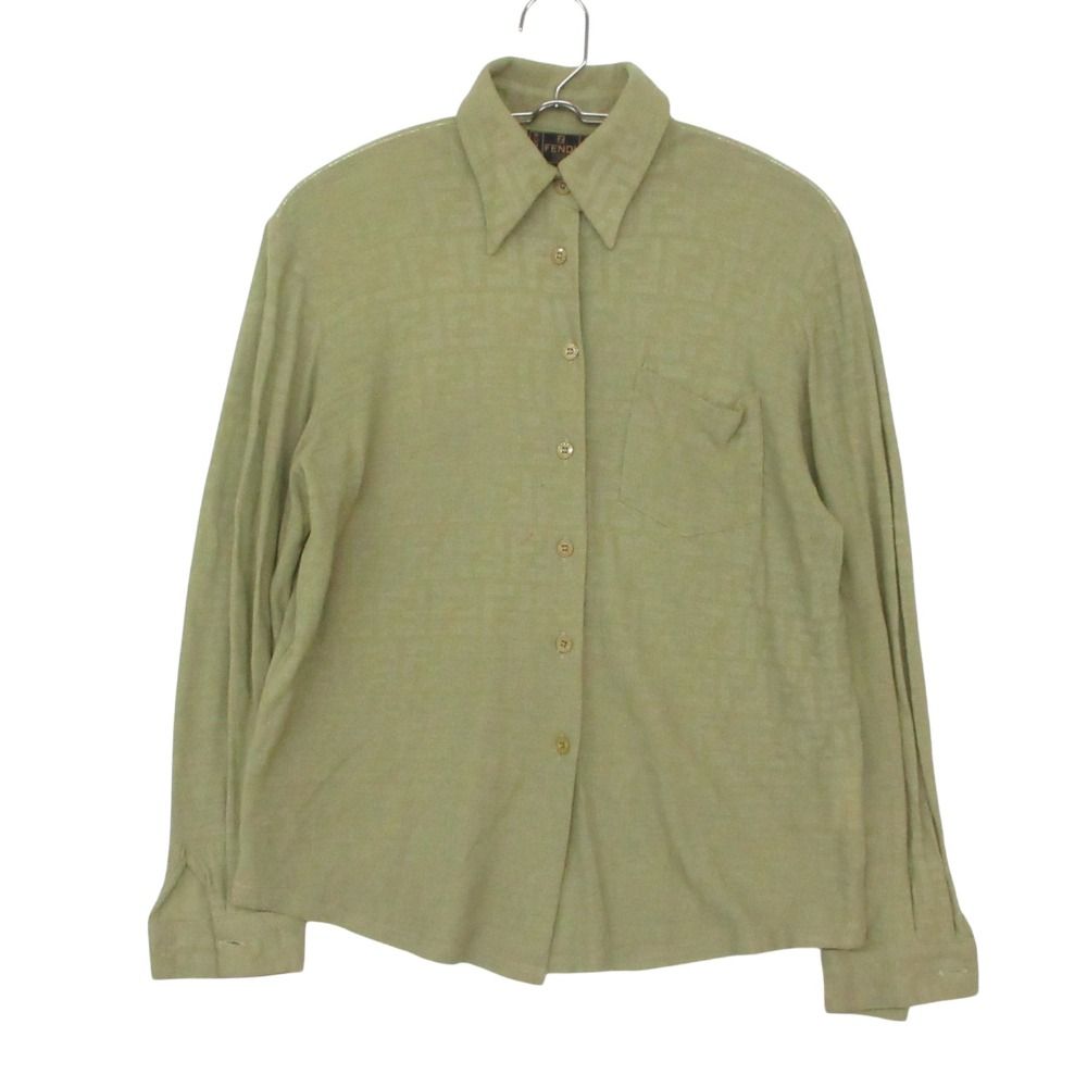 Fendi Long Sleeve Shirt Zucca Pattern All Over Stretch Blouse Top Light Green