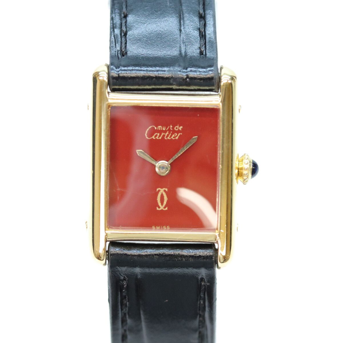 Cartier 925 Must Tank Vermeil SM Bordeaux Dial Manual Winding Leather Watch