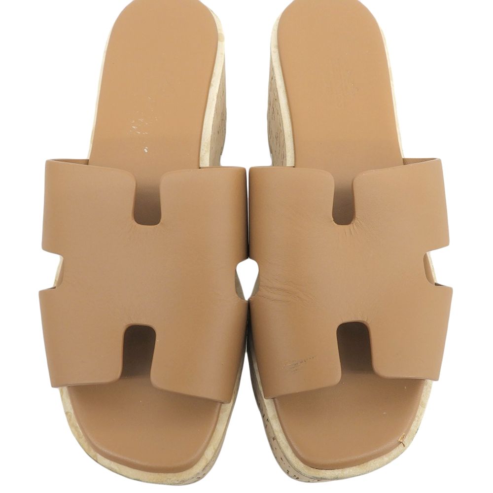 Hermes Ezu Leather Cutout Cork Platform Sandals Natural — view 3