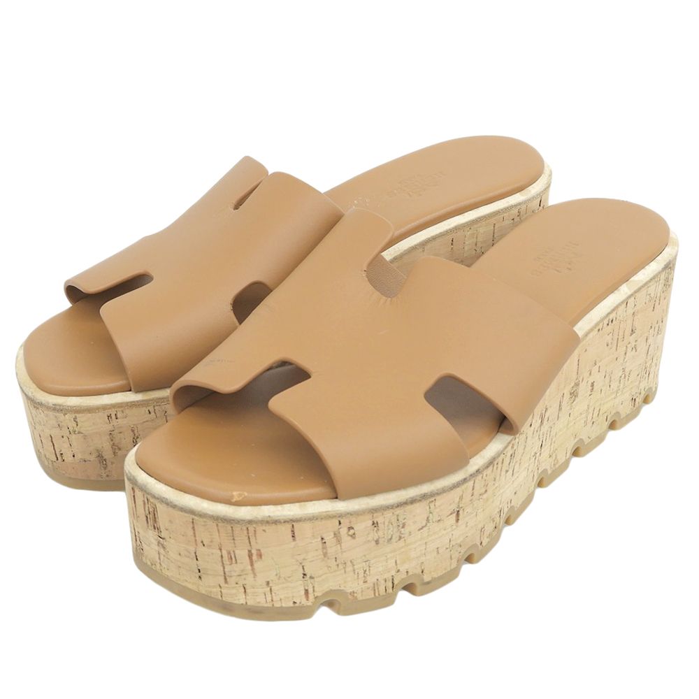 Hermes Ezu Leather Cutout Cork Platform Sandals Natural