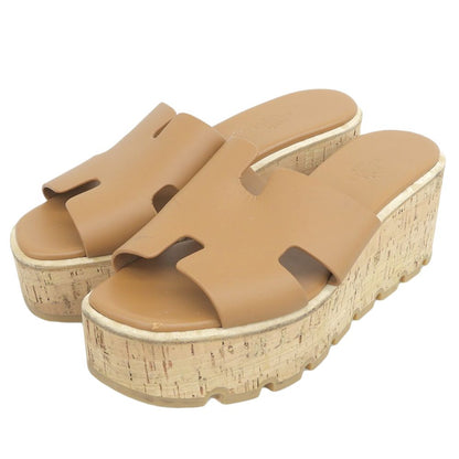 Hermes Ezu Leather Cutout Cork Platform Sandals Natural