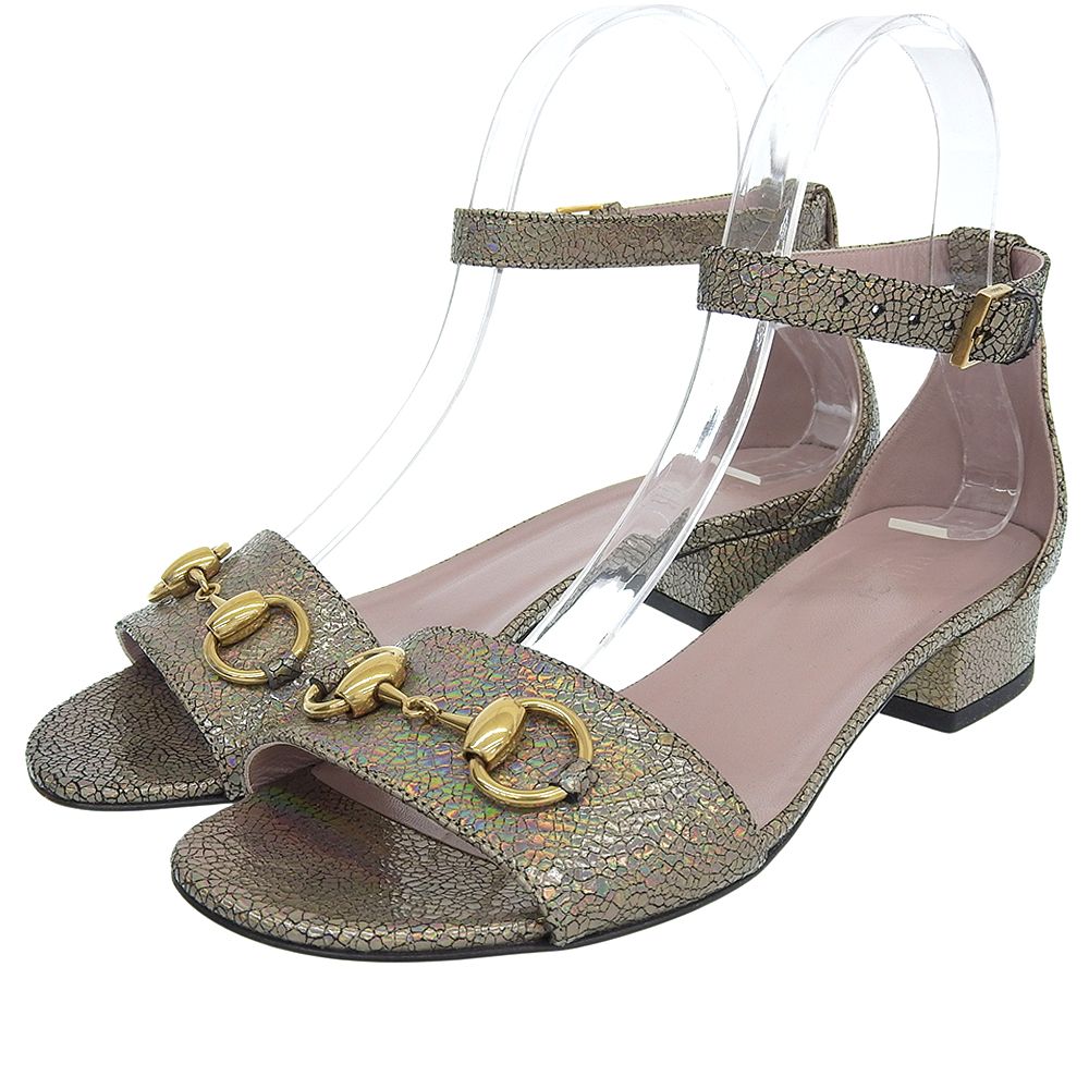 Gucci Lame Horsebit Liliane Ankle Strap Sandals Shoes Silver