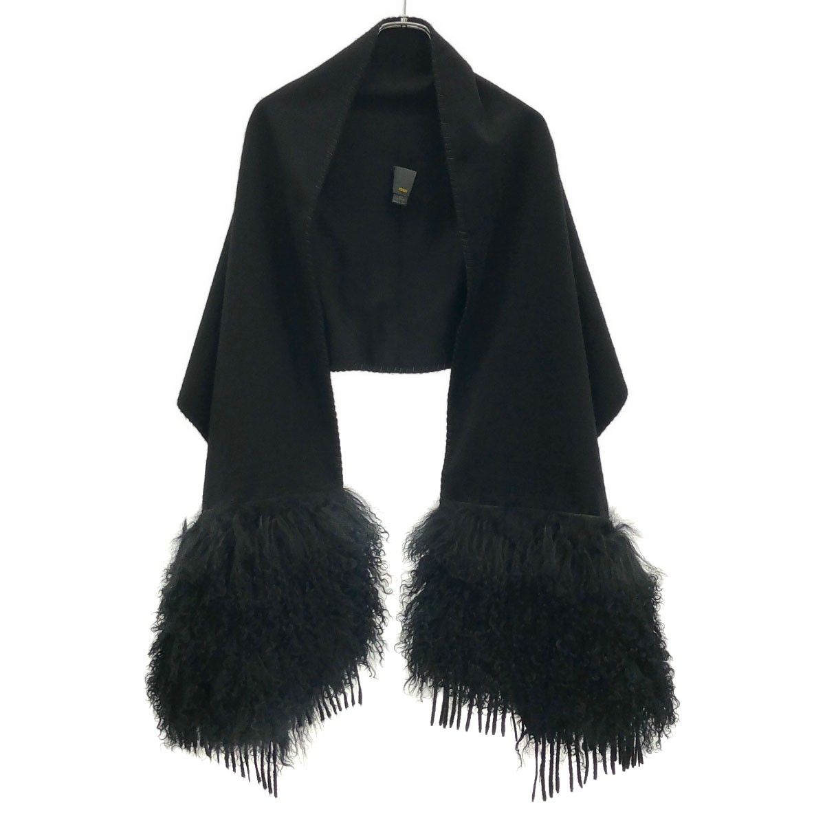 Fendi Fur Fringe Cashmere Shawl Black Scarf