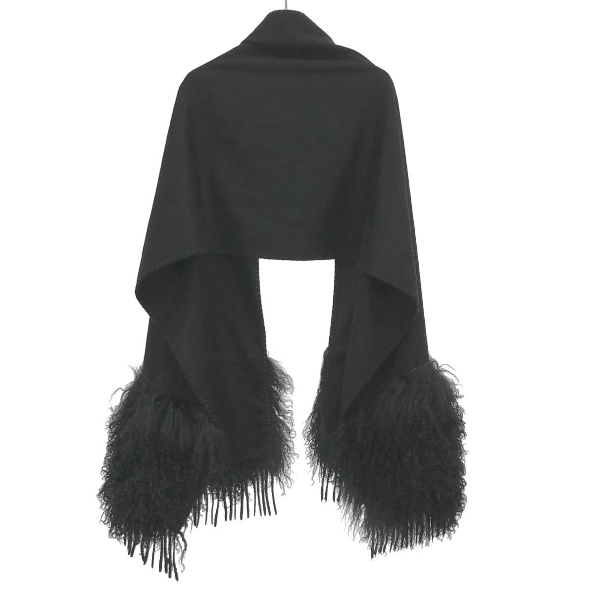 Fendi Fur Fringe Cashmere Shawl Black Scarf — view 2