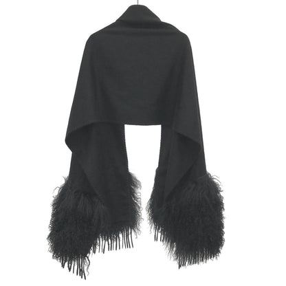 Fendi Fur Fringe Cashmere Shawl Black Scarf — view 2