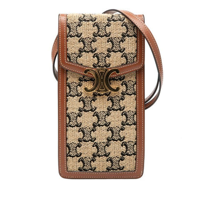 Celine Triomphe Crossbody Shoulder Bag Mobile Pouch Beige Brown Canvas Leather 1