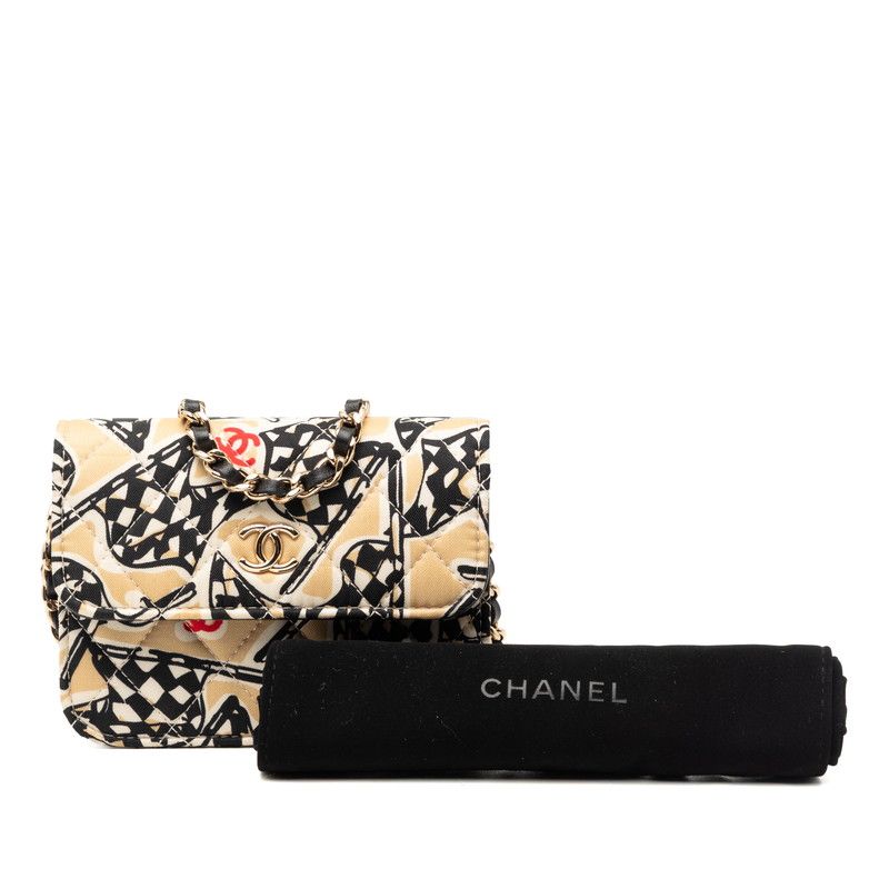 Chanel CC Logo Quilted Checkered Flag Mini Chain Shoulder Bag Beige Cotton — view 8