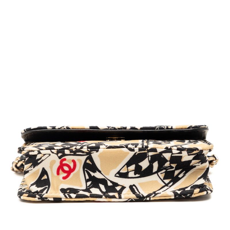 Chanel CC Logo Quilted Checkered Flag Mini Chain Shoulder Bag Beige Cotton — view 3