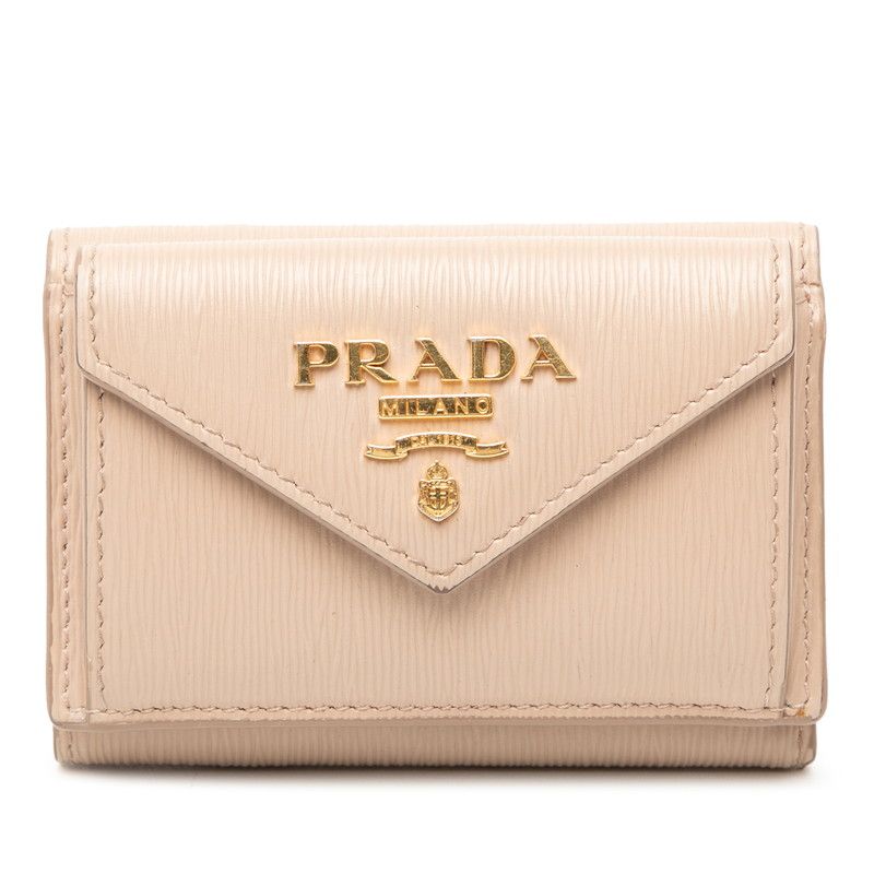 Prada Logo Compact Wallet Trifold Beige Saffiano Leather 1