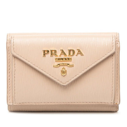 Prada Logo Compact Wallet Trifold Beige Saffiano Leather 1