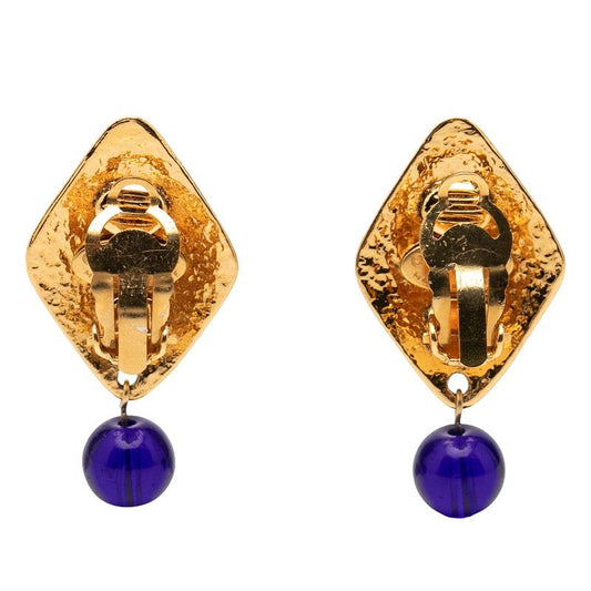 Chanel Quilted Vintage Diamond Earrings Blue Gold Plated Color Stone 1