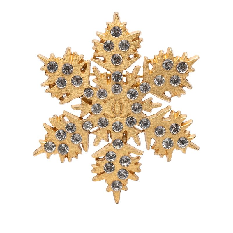 Chanel CC Logo Snowflake Brooch Gold Plated Line Stone 1