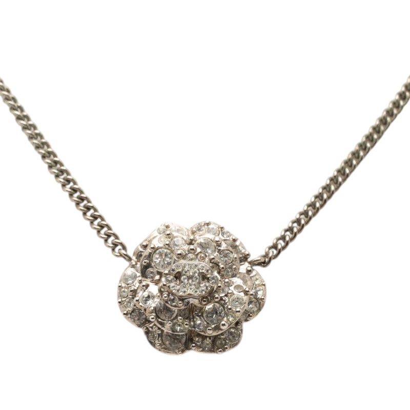 Chanel Camellia CC Logo Necklace Silver Metal Line Stone 1