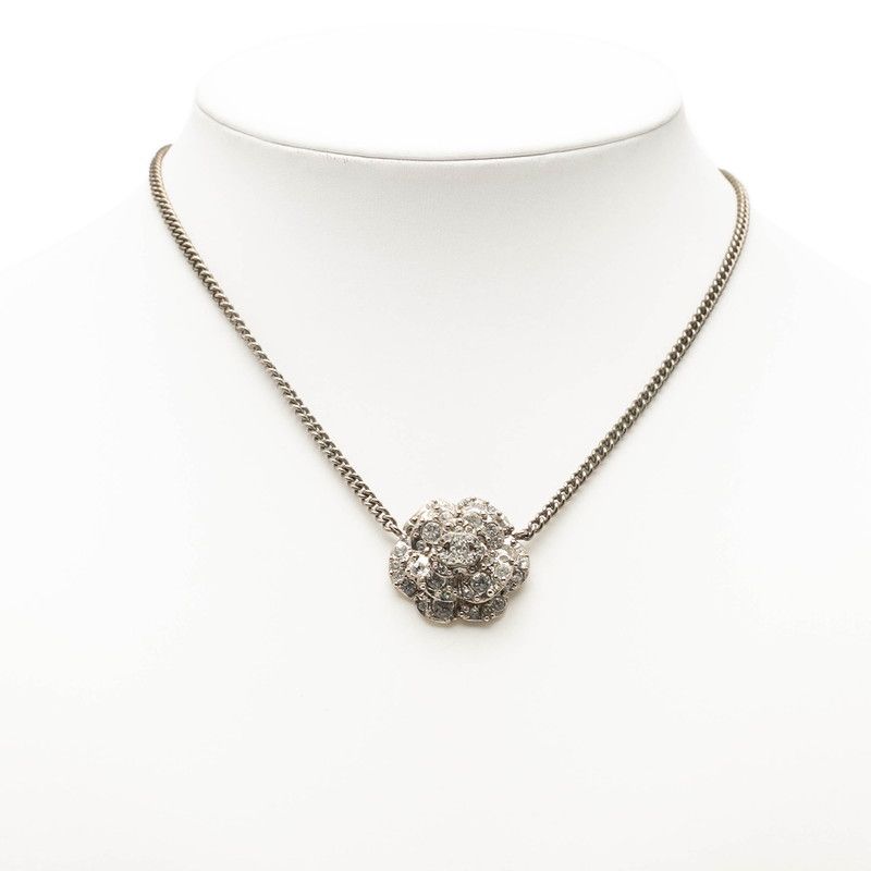 Chanel Camellia CC Logo Necklace Silver Metal Line Stone 1 — view 6