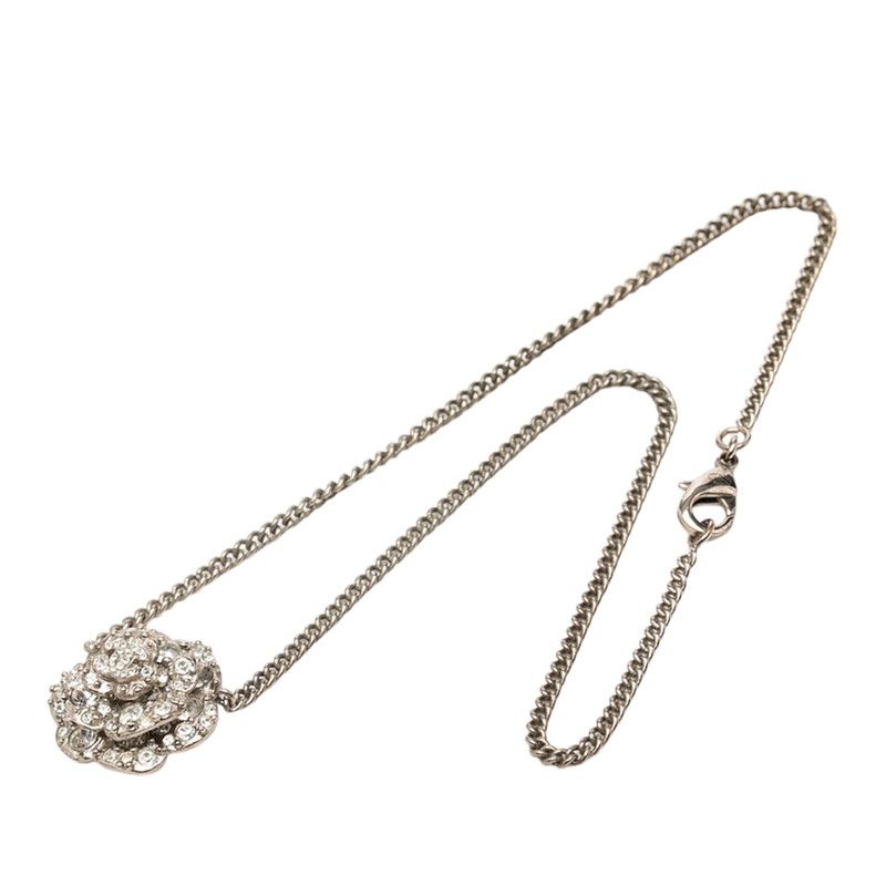Chanel Camellia CC Logo Necklace Silver Metal Line Stone 1 — view 3