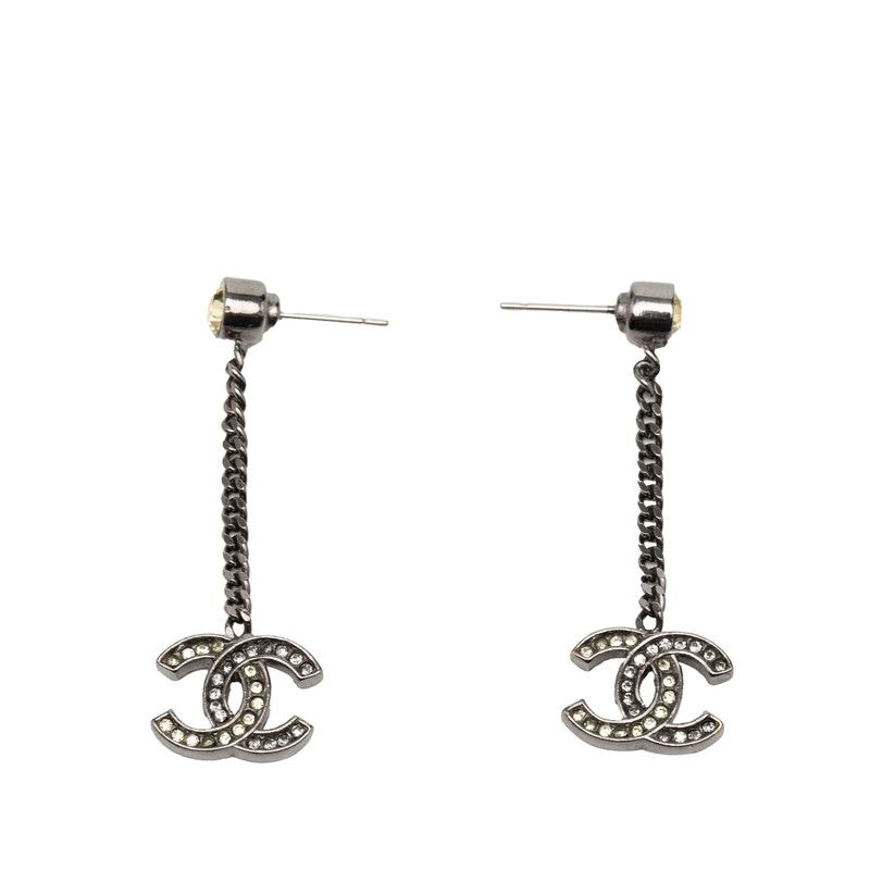 Chanel CC Logo Earrings Silver Yellow Metal Line Stone 1