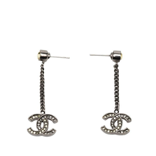 Chanel CC Logo Earrings Silver Yellow Metal Line Stone 1