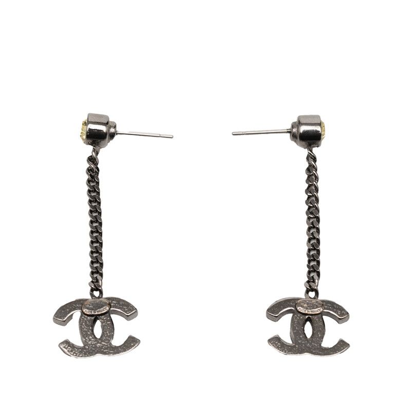 Chanel CC Logo Earrings Silver Yellow Metal Line Stone 1 — view 2