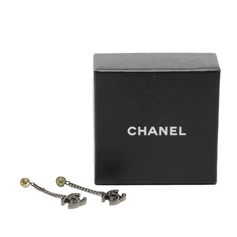 Chanel CC Logo Earrings Silver Yellow Metal Line Stone 1 — view 4