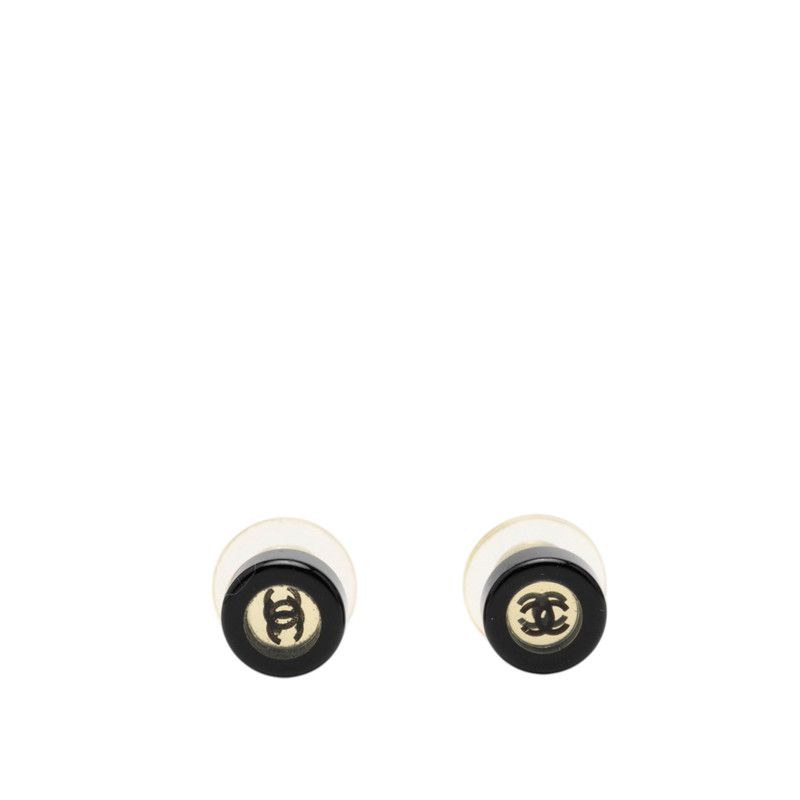 Chanel CC Logo Stud Earrings Silver Black Metal Plastic 1