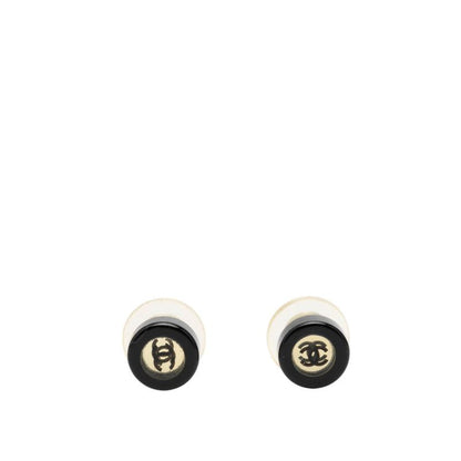 Chanel CC Logo Stud Earrings Silver Black Metal Plastic 1
