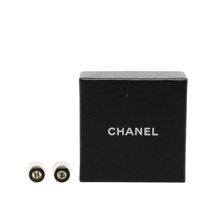 Chanel CC Logo Stud Earrings Silver Black Metal Plastic 1 — view 4