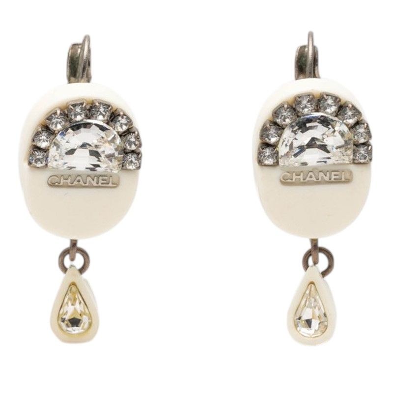 Chanel Logo Earrings Silver White Metal Line Stone 1