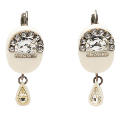 Chanel Logo Earrings Silver White Metal Line Stone 1