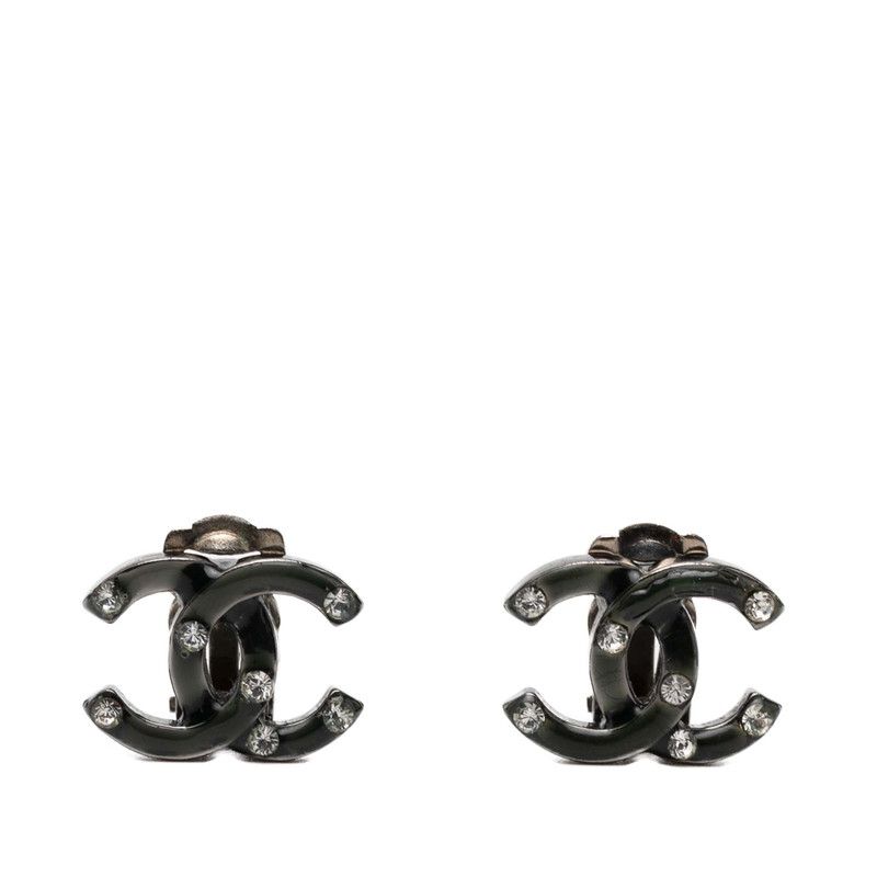 Chanel CC Logo Earrings Silver Green Metal Line Stone 1