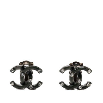 Chanel CC Logo Earrings Silver Green Metal Line Stone 1