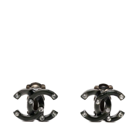 Chanel CC Logo Earrings Silver Green Metal Line Stone 1