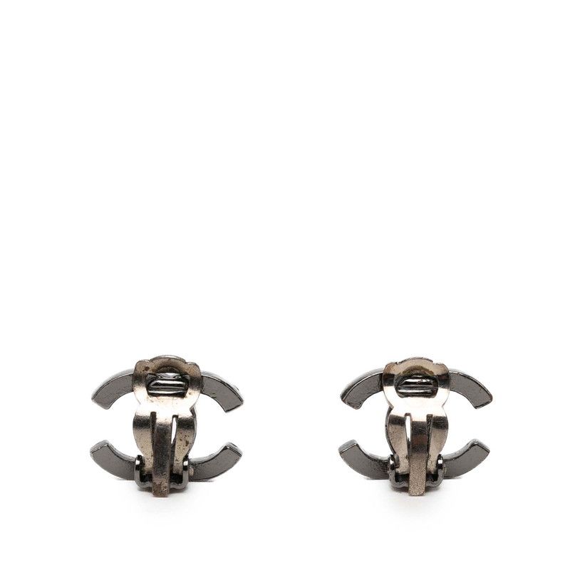 Chanel CC Logo Earrings Silver Green Metal Line Stone 1 — view 2
