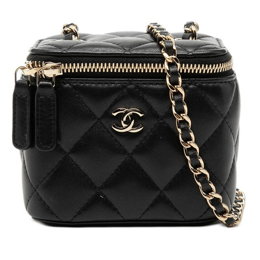 Chanel CC Logo Quilted Mini Vanity Chain Shoulder Bag Black Lambskin